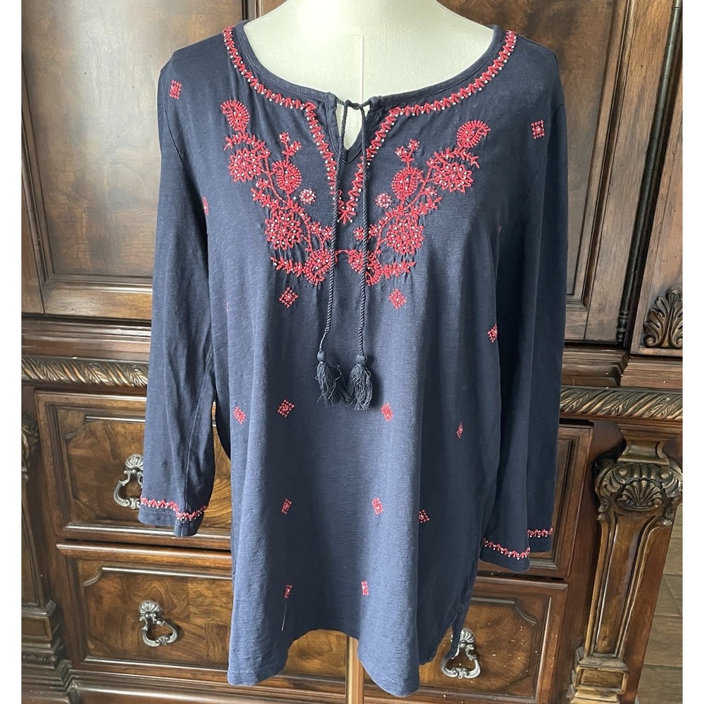 Talbots Dark Navy Embroidered Beaded Cotton Tunic Top Tassel Boho Medium India
